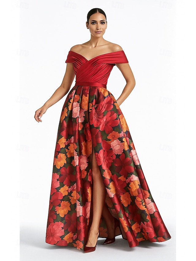  A-Linie Bodenlang Abendkleid Ballkleid Elegant Kurzarm Schulterfrei Formell Hochzeit Tasche Satin Nylon mit Tasche