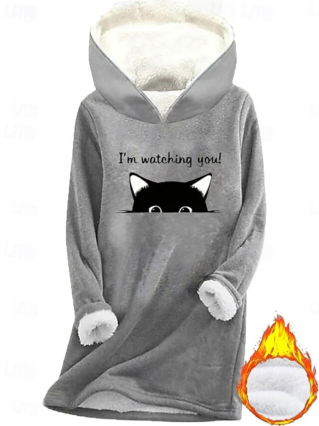 Women's Pullover Hoodie Sweatshirt Graphic Cat Warm Casual Sherpa Fleece Long Sleeve Hooded Long Tops Street Dailywear Casual Print Fleece Lined Dark Pink Blue Gray Fall Winter4