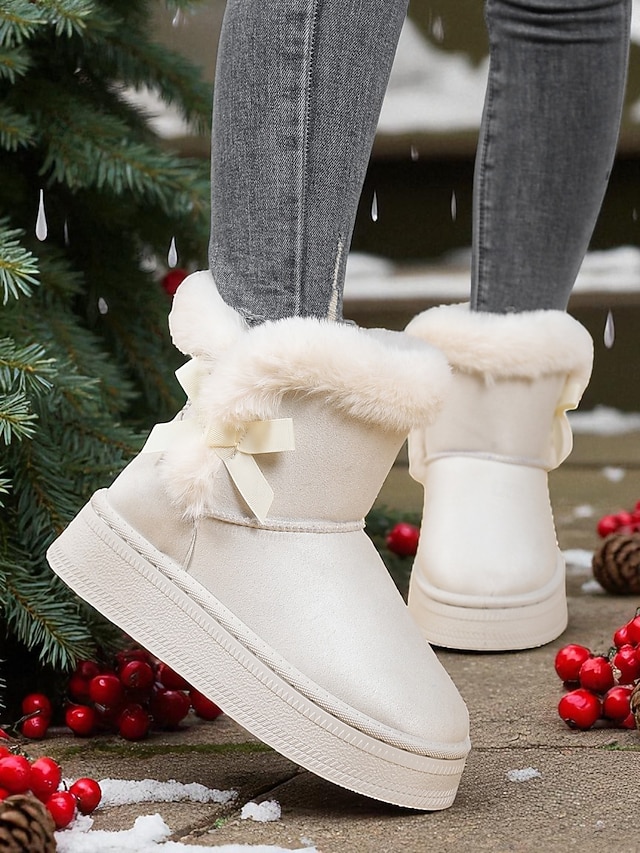  Women's White Fur-Trimmed Slip-On Winter Boots with Bow Detail, Stylish Cozy Snow Boots for Cold Weather and Holiday Wear