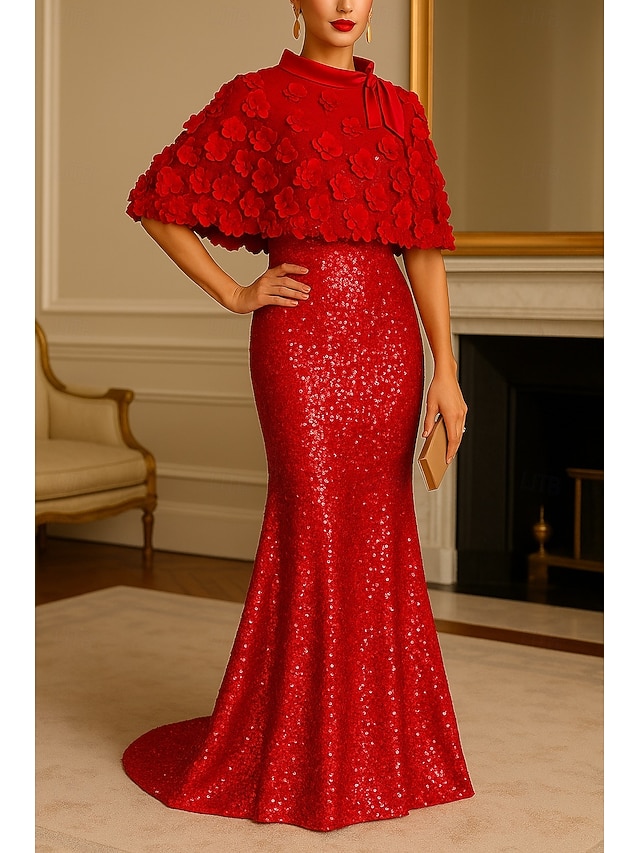  Sirène / Trompette Longueur au sol Robe de bal avec cape Robe de Soirée Tenue de soirée Élégant Éclat Manche Courte Col Bateau Formel Mariage Pailleté avec Paillettes