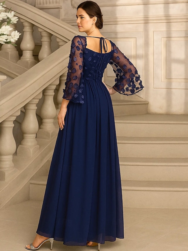  Ligne A Longueur au sol Robe de Cérémonie Robe de soirée manche longue Col carré Élégant ancien Fête Polyester Robe de Mère de Mariée  avec Broderie