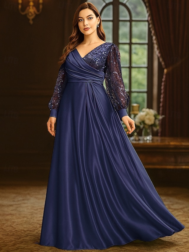  A-Linie Bodenlang Abendkleid Flattriges Kleid Langarm V Ausschnitt Elegant Vintage Übergröße Polyester Brautmutterkleid mit Falten Paillette