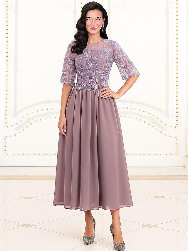  Γραμμή Α Φόρεμα Μητέρας της Νύφης Επίσημο Κομψό Στρογγυλή Ψηλή Λαιμόκοψη Κάτω από το γόνατο Πολυεστέρας Κοντομάνικο με Διακοσμητικά Επιράμματα