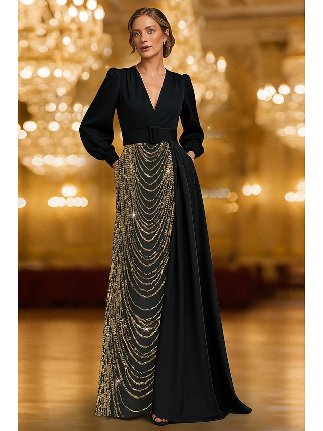  Ａライン フロア丈 イブニングドレス オーバースカート付きボールガウン フォーマルドレス エレガント カラーブロック 高分割 長袖 Ｖネック フォーマル 結婚式 サテン スパンコール ととも​​に グリッター素材 刺繍 2025