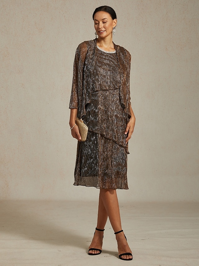  Dame Midikjole Skiftkjole Plissert kjole Grime kjole Elegant Fest Formelt Fest Bryllupsgjest Cocktailfest Normal Helfarge Ermeløs Crew-hals Brun Sommer Vår Høst Vinter