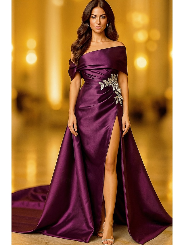  Purple Black A-Line Evening Gown Elegant Formal Dress Formal Wedding Floor Length Short Sleeve Off Shoulder Capes Satin with Pocket 2025