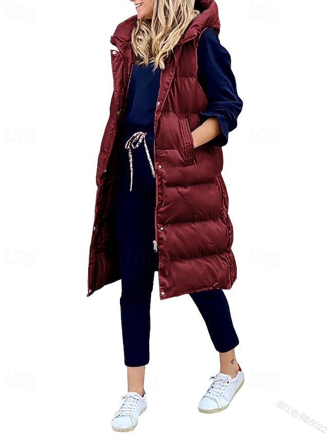  Women's Winter Coat Down Jacket Vest Warm Comfortable Pocket Buttons Casual Plain Vacation Daily Wear Going out Weekend Long Hooded Regular Fit Sleeveless Outerwear Black Wine Khaki Fall Winter