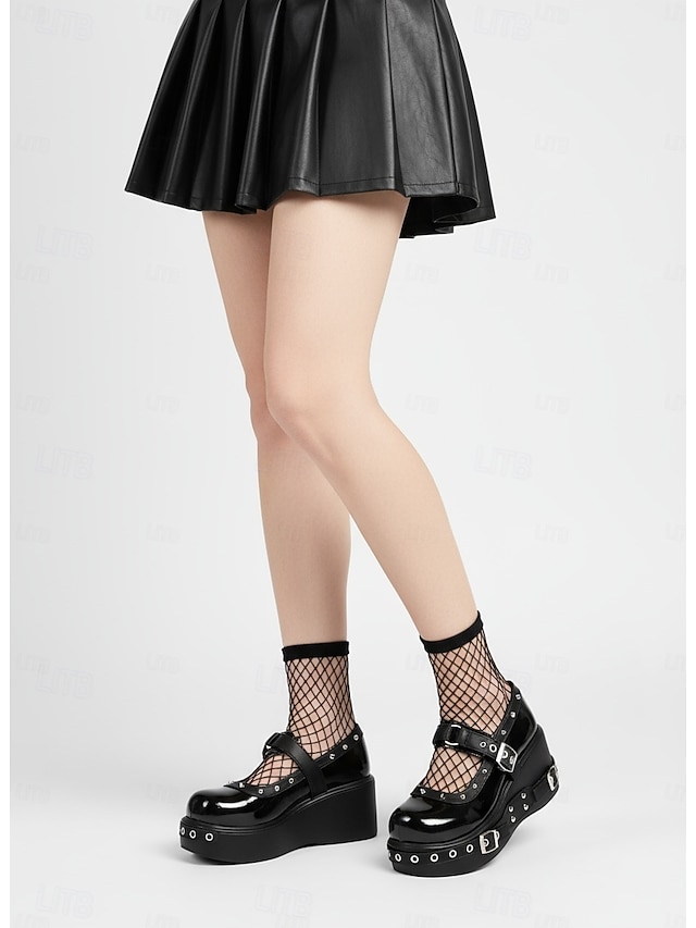  Женские туфли Мэри Джейн в готическом стиле на платформе – черная лакированная кожа с пряжками-гвоздиками, массивный каблук в стиле панк-рок для вечеринки в честь Хэллоуина и ночного выхода