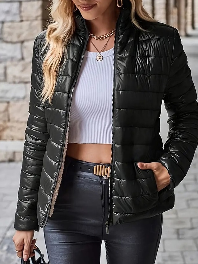 Damskie Płaszcz zimowy Dół Zatrzymujący ciepło Wygodny Zamek Kieszeń Codzienny Równina Urlop Dzienne zużycie Wyjściowe Weekend Regularny Kaptur Regularny Długi rękaw Odzież wierzchnia Granatowy Czarny