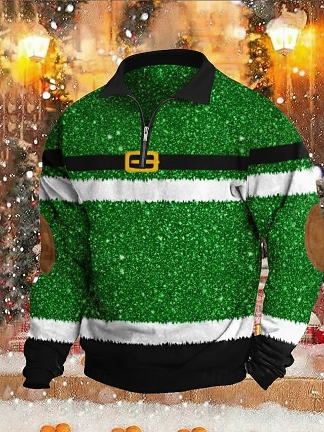  Noël Homme Graphique Polo manche longue Col Rabattu Moderne Loisir Extérieur Vacances Festival Fermeture éclair Impression 3D Printemps Automne Hiver Rouge Bleu Vert