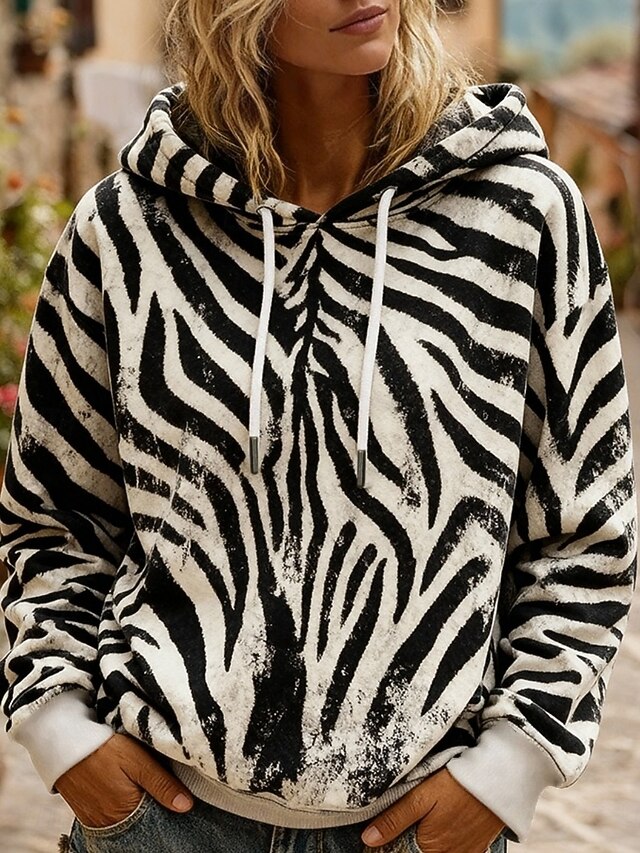 Women's Pullover Hoodies Striped Fashion Streetwear Casual Long Sleeve Hooded Regular Tops Dailywear Casual Drawstring Print Black Spring Fall4