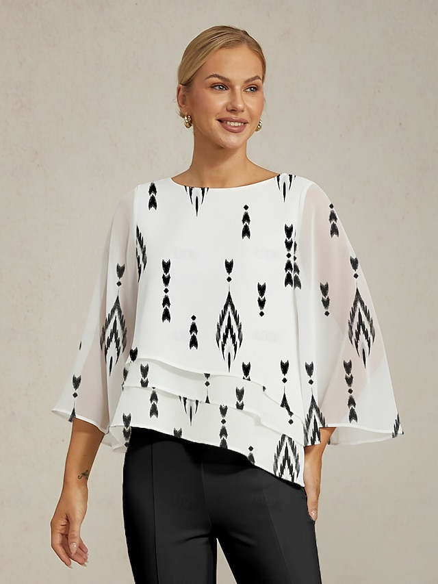 damblus vit blommig 3/4-ärm lös rund hals casual elegant semester vår sommar höst