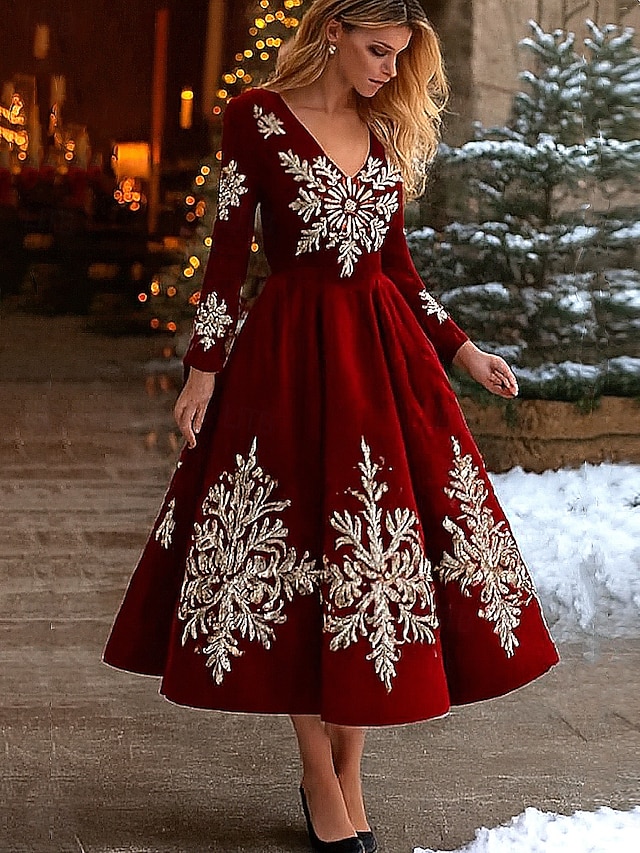 Vánoce Dámské Maxi šaty Áčkové šaty prázdniny Na běžné nošení Párty Denní Večerní oslava Běžný Grafika Vánoční stromek Sněhová vločka Dlouhý rukáv Do V Tmavě červená Fialová Jaro Podzim Zima