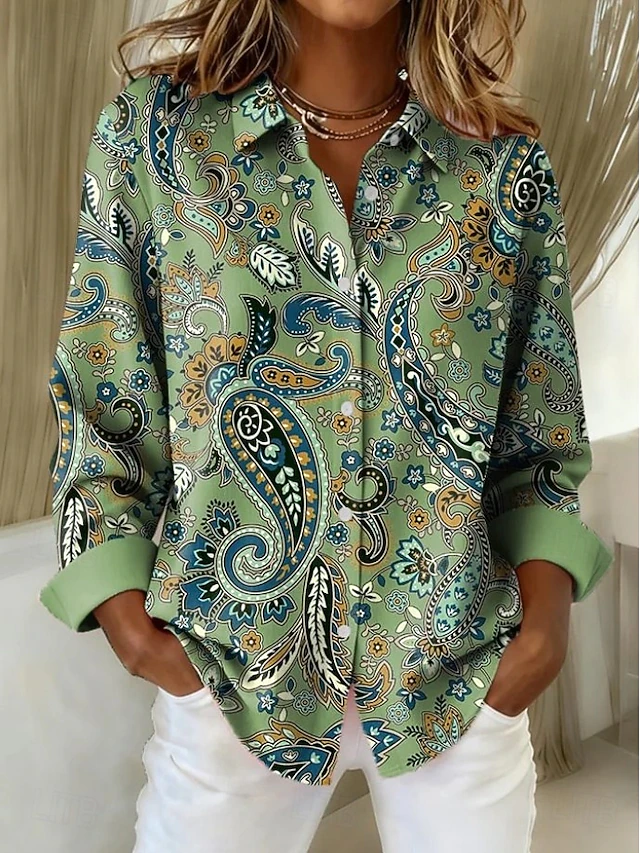 Women's Shirt Blouse Graphic Geometric Paisley Bohemia Vintage Tropical Long Sleeve Shirt Collar Regular Tops Daily Patchwork Buttons Print Orange Green Khaki Spring Fall Winter4