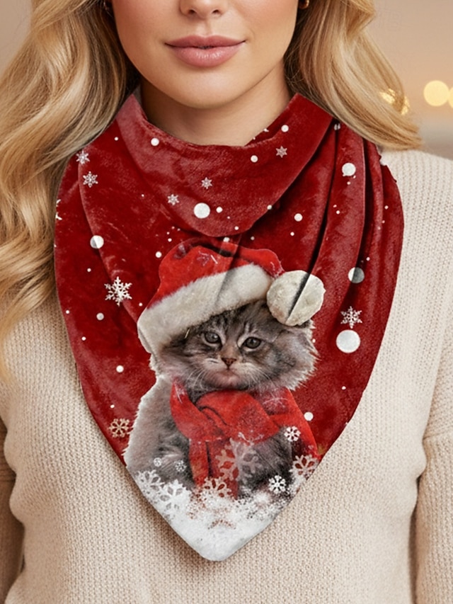  Écharpe de Noël à imprimé chat pour femme, cache-cou triangle rouge douillet avec motif chaton et bonnet de Père Noël, châle d'hiver doux pour fêtes et cadeaux de fin d'année