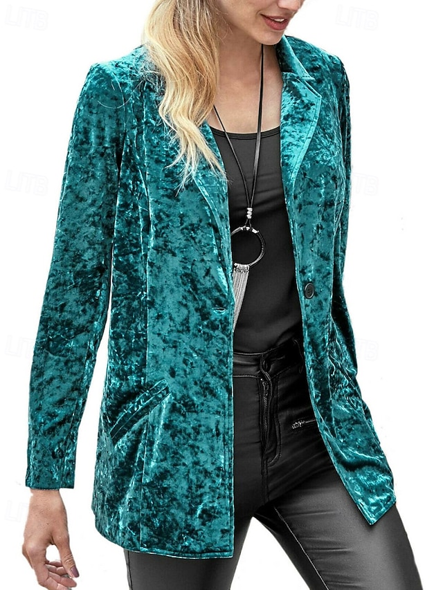 Damen Blazer Samtblazer Bequem Tasche Knöpfe Mode Einfach Party Party / Abend Regulär Umlegekragen Normale Passform Langarm Oberbekleidung Marineblau Schwarz Wein Frühling Herbst