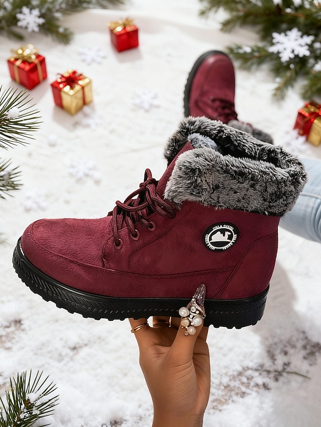  női bordó műszőrmével bélelt hótaposó – meleg téli csizma kültéri karácsonyi tevékenységekhez és hideg időben való viseletre