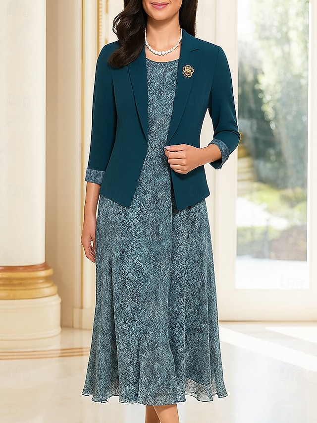  Two Piece A-Line Dress Sets Mother of the Bride Dress Formal Elegant Crew Neck Ankle Length Chiffon Polyester 3/4 Length Sleeve with Appliques