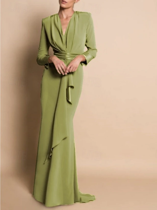 Beach Wedding Sheath Mother of the Bride Dress Formal Wedding Guest Elegant Party V Neck Sweep / Brush Train Stretch Chiffon Long Sleeve with Draping Ruching free custom size 9