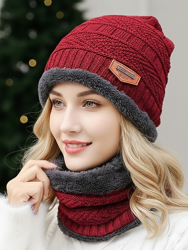  Unisex strikket lue og halsmansjettsett, fleecefôret vintervarm 2-delt, koselig julegave til utendørssport, ski og hverdagsbruk