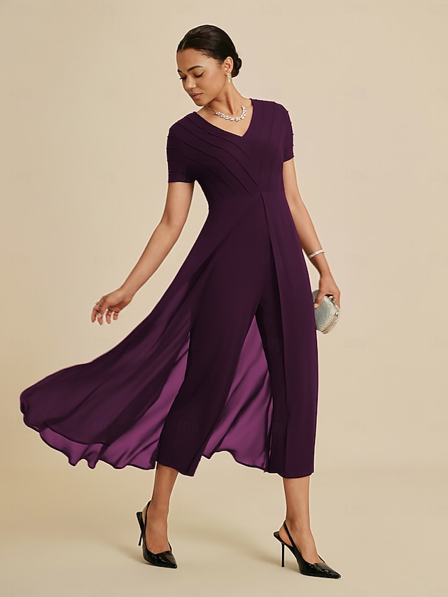 אוברול לנשים אדום יין צווארון V עיצוב פאנלים דמוי שני חלקים מראה זורם שקוף בד נמתח קז'ואל אביב קיץ סתיו