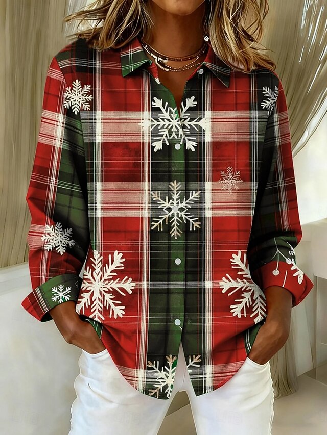Christmas Women's Shirt Blouse Graphic Geometric Plaid Vintage Tropical Stylish Long Sleeve Shirt Collar Regular Tops Daily Holiday Patchwork Buttons Print Yellow Red Green Summer Spring Fall Winter4