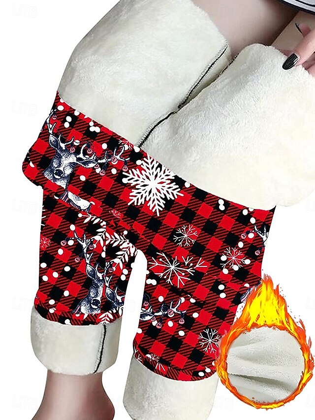 Christmas Women's Leggings Cozy Leggings Vacation Vintage Fashion Full Length High Waist Pants Graphic Snowflake Printing Fleece Thermal Warm Comfy Stretchy Outdoor Casual Daily Black Red Blue4