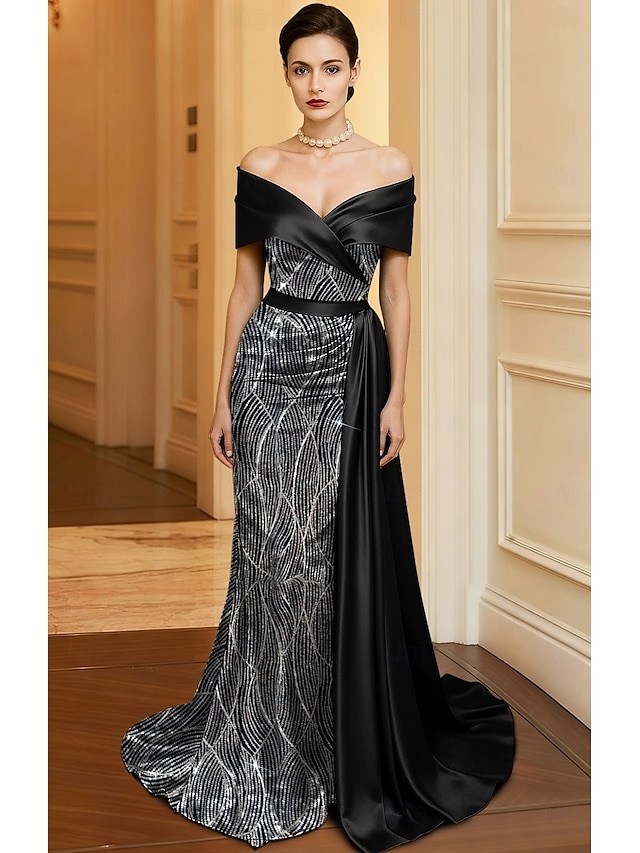  Ligne A Fourreau / Colonne Longueur au sol Robe de Soirée Robe de bal avec surjupe Tenue de soirée Élégant Bloc de Couleur Fente Haute Manche Courte Épaules Dénudées Formel Mariage Satin Pailleté avec