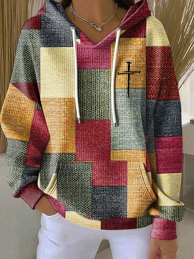  女性用 プルオーバー フーディー スウェットシャツ グラフィック 幾何学模様 あたたか ヴィンテージ カジュアル 長袖 フード付き レギュラートップス ストリート 日常着 カジュアル プリント フロントポケット ピンク パープル オレンジ グリーン 秋 冬