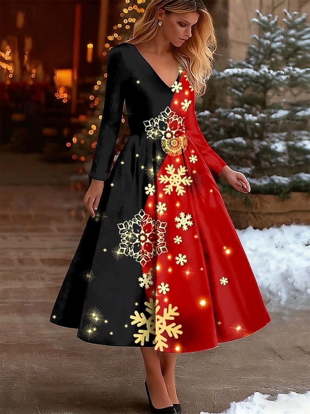  Christmas Women's Midi Dress A Line Dress Vacation Casual Party Daily Evening Party Regular Fit Graphic Snowflake Long Sleeve V Neck Black Red Fall Winter