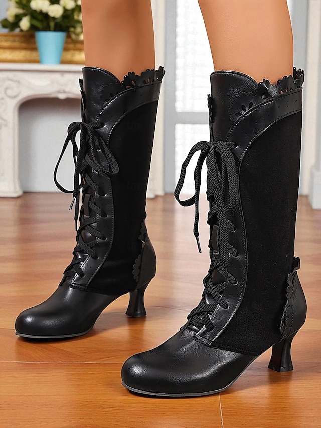  Women's Black Victorian Edwardian Style Knee High Lace-Up Boots with Scalloped Trim and Kitten Heel - 1920s Retro Gothic Dress Boots for Ladies, Perfect for Cosplay, Steampunk & Historical Reenactment