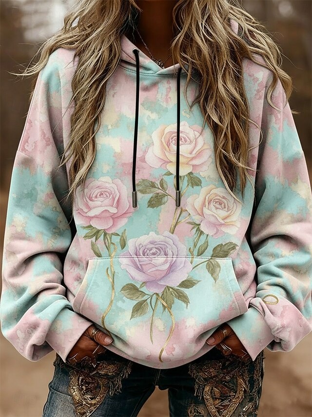 Women's Pullover Hoodies Floral Fashion Streetwear Casual Long Sleeve Hooded Regular Tops Dailywear Casual Sports Drawstring Pocket Print Green Spring Fall4