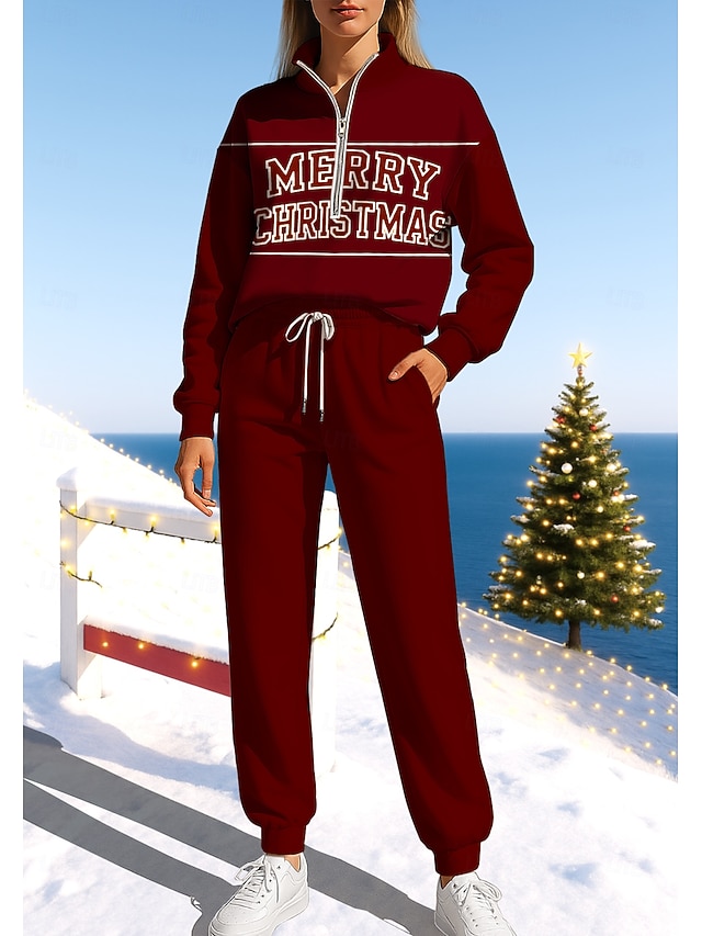  Natal Mulheres Moletom Suéter Roupa de corrida Com Cordão Zíper Jaquetas e Calças Para Esporte Conjunto de roupa atlética Conjuntos Primavera Vinho Azul Marinho Escuro Casual Exercite-se Exterior