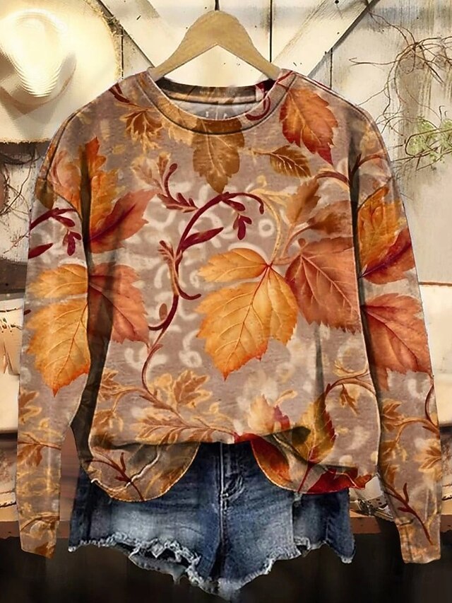 Women's Pullover Sweatshirt Floral Graphic Casual Long Sleeve Crew Neck Regular Tops Home Work Street Orange Spring Fall Winter3