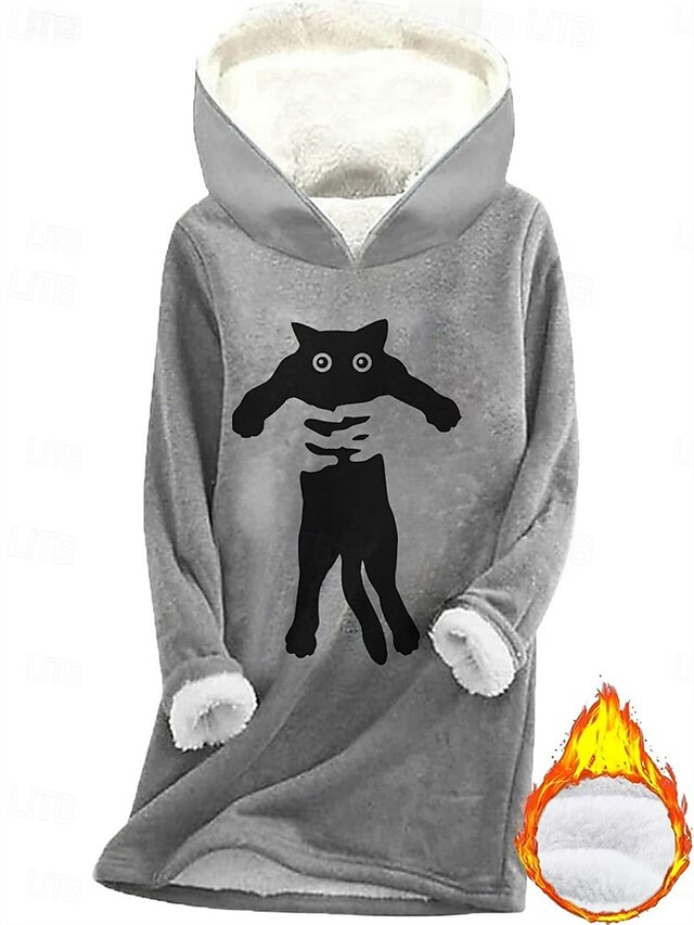 Women's Pullover Hoodie Sweatshirt Graphic Cat Warm Casual Sherpa Fleece Long Sleeve Hooded Regular Tops Street Dailywear Casual Print Fleece Lined Dark Pink Blue Gray Fall Winter4