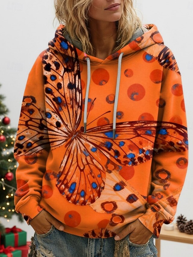 Women's Pullover Hoodies Floral Butterfly Fashion Streetwear Casual Long Sleeve Hooded Regular Tops Dailywear Casual Drawstring Print Orange Green Spring Fall Winter4