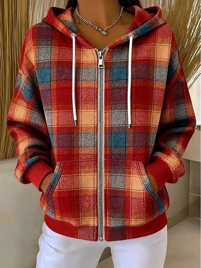 Women's Zip Up Hoodies Graphic Plaid Fashion Casual Long Sleeve Hooded Regular Tops Street Dailywear Zipper Pocket Print Orange Brown Spring Fall Winter3