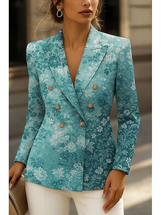 Women's Blazer Warm Comfortable Buttons Vintage Fashion Classic Modern Floral Formal Vacation Home Casual Double Breasted Regular Notch Lapel Regular Fit Long Sleeve Outerwear Blue Purple Green4