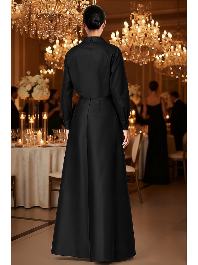 A-line Floor-length Long-Sleeve Crew Sash Formal Dresses
