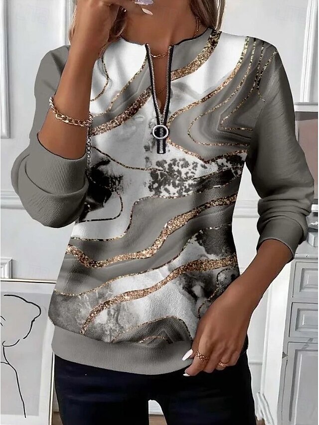 Women's Pullover Sweatshirt Zip Up Sweatshirts Graphic Geometric Abstract Fashion Casual Long Sleeve Crew Neck Regular Tops Street Dailywear Patchwork Zipper Print Dark Gray Fall Winter2