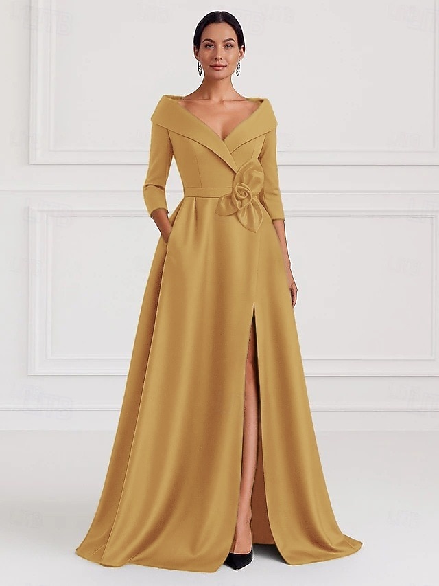  A-الخط طول الأرض فساتين السهرة منفوش الزي الرسمي أنيق حريري 3/4 الكم قبعة القميص رسمي زفاف جيبة ستان مطاطي مع شادر زهرة 2025