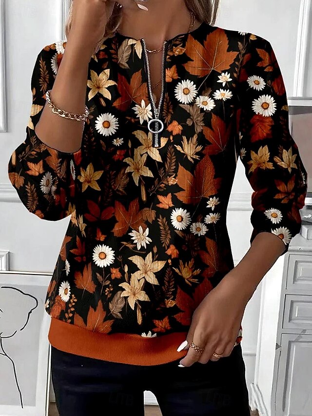 Women's Pullover Sweatshirt Zip Up Sweatshirts Floral Graphic Fashion Casual Long Sleeve Crew Neck Round Neck Regular Tops Street Dailywear Zipper Print Brown Fall Winter4
