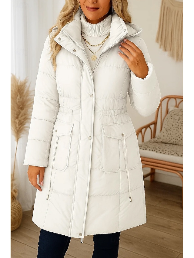  Dame Parkas Bekvem Pustende Lomme Knapper Fritid عادي Feriereise Gate Avslappet Dagligdagstøy Enkeltkneppet Lang Hettegenser Normal Langermet Yttertøy Svart Hvit Rød Vår Høst