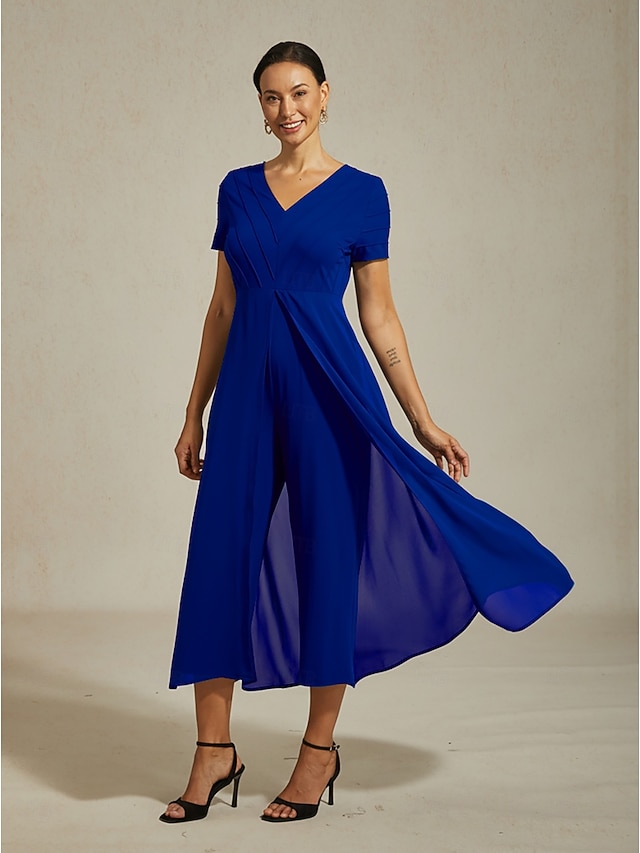 Damen-Jumpsuit, königsblau, V-Ausschnitt, getäfeltes Design, zweiteilig, fließend, transparenter Look, Stretchstoff, lässig, Frühling, Sommer, Herbst