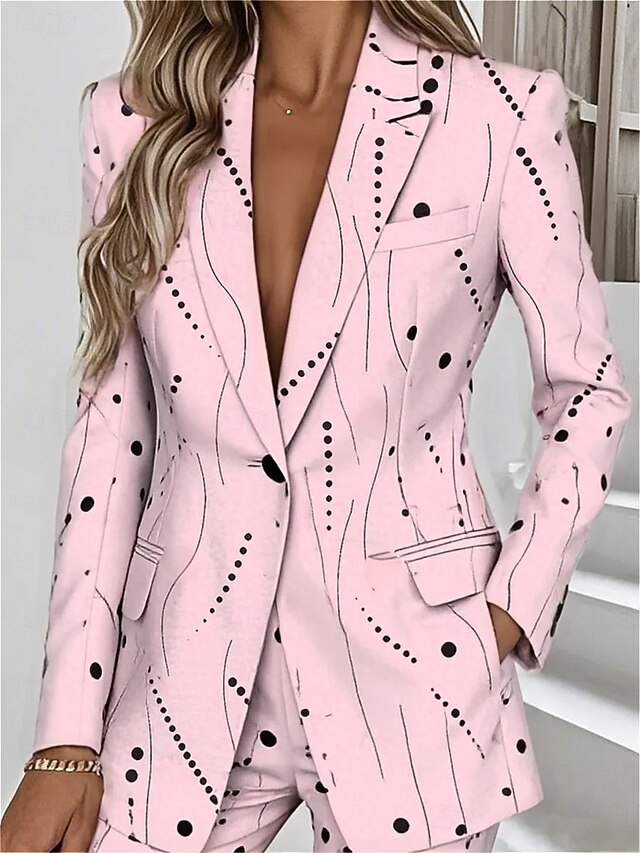 Women's Blazer Warm Pocket Buttons Daily Casual Geometric Formal Casual Short Notch Lapel Regular Fit Long Sleeve Outerwear Yellow Pink Green Spring Fall4