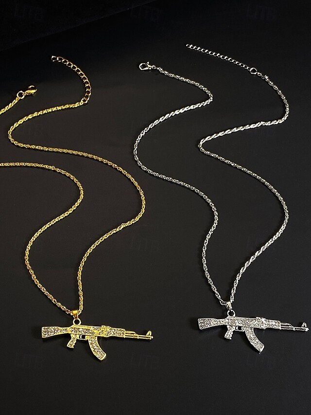 Men's Alloy Pendant Necklace with Rhinestone Gun Design, Hip Hop