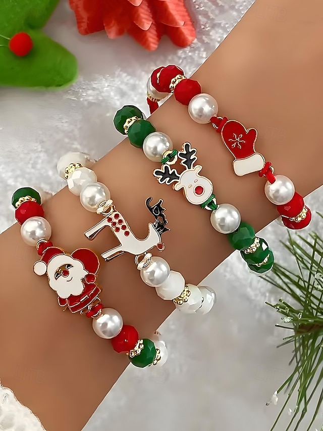 Женский рождественский браслет из бисера с подвесками в виде Санты, оленей и снеговика, красно-зеленые эластичные браслеты с жемчугом, праздничный подарок на праздник для нее