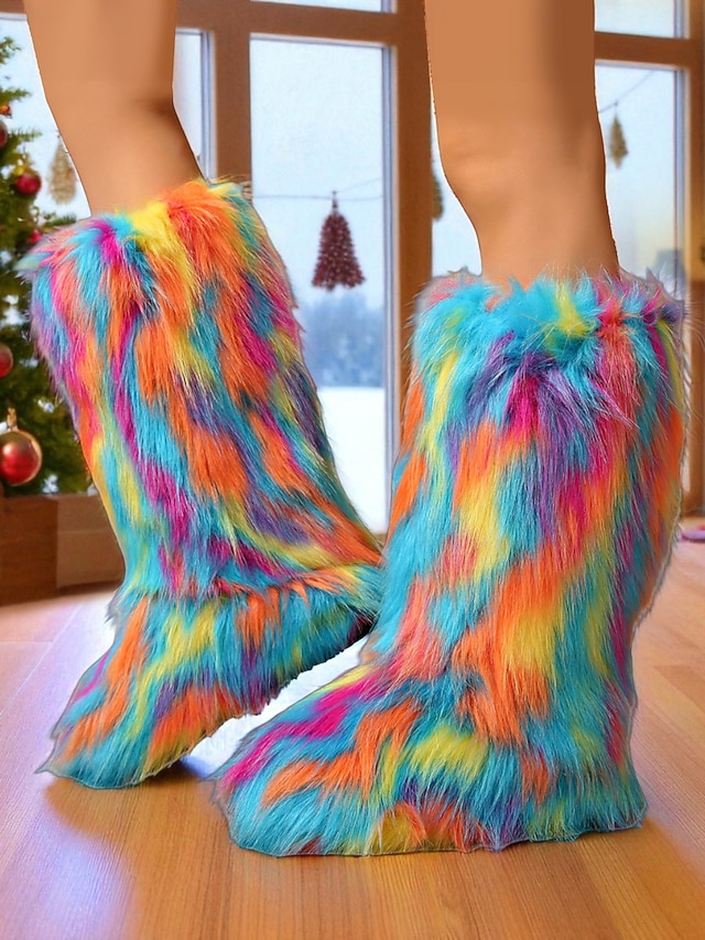  Women's Multicolor Faux Fur Festival Boots, Fluffy Rainbow Knee-High Snow Boots for Rave, Party & Winter Music Festivals