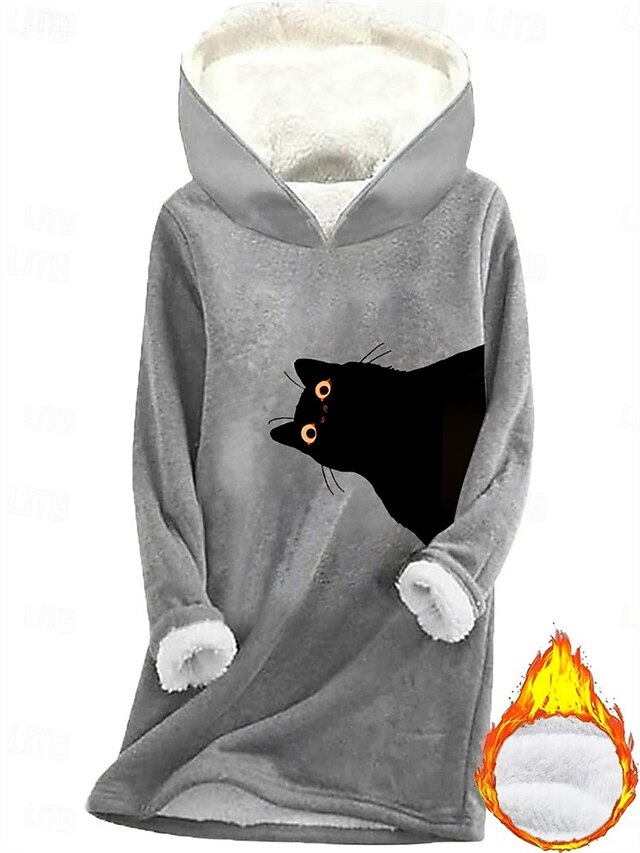 Women's Pullover Hoodie Sweatshirt Graphic Animal Cat Warm Casual Sherpa Fleece Long Sleeve Hooded Long Tops Street Dailywear Casual Print Fleece Lined Dark Pink Blue Gray Fall Winter4