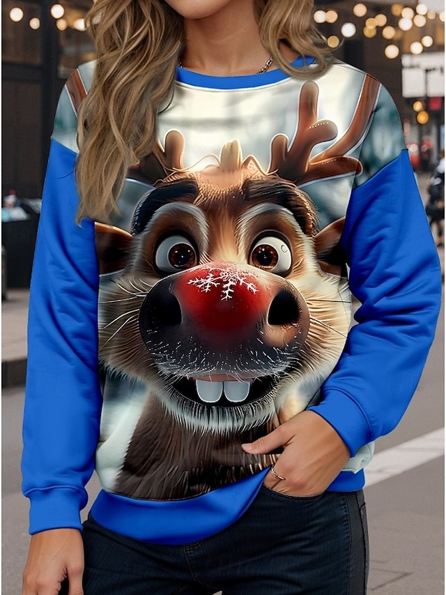  Julekvinnes Rensdyr Pullover Grafisk Dyr Varm Klassisk Casual Langermet Crew Neck Vanlige Topper Hjem Gate Daglig bruk Trykk Rød Blå Grønn Mørk Blå Høst Vinter